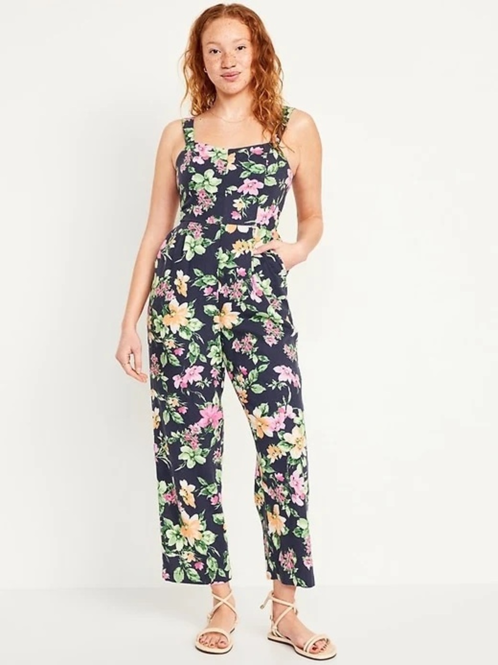 Old Navy Blue Floral Overalls Jumpsuit Pink Yellow Flowers Pockets wide leg M